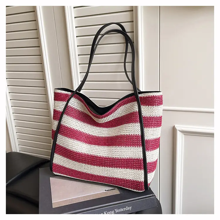Straw Beach Bag Black White Large Capacity Women — feature 17