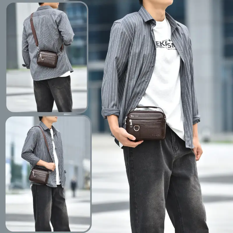 Men's Brown Crossbody Bag with Zip & Strap - Image 5