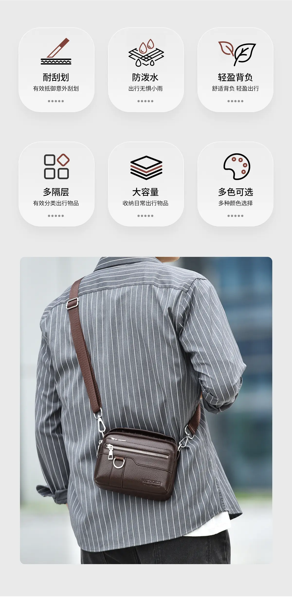Men's Brown Crossbody Bag with Zip & Strap — feature 6