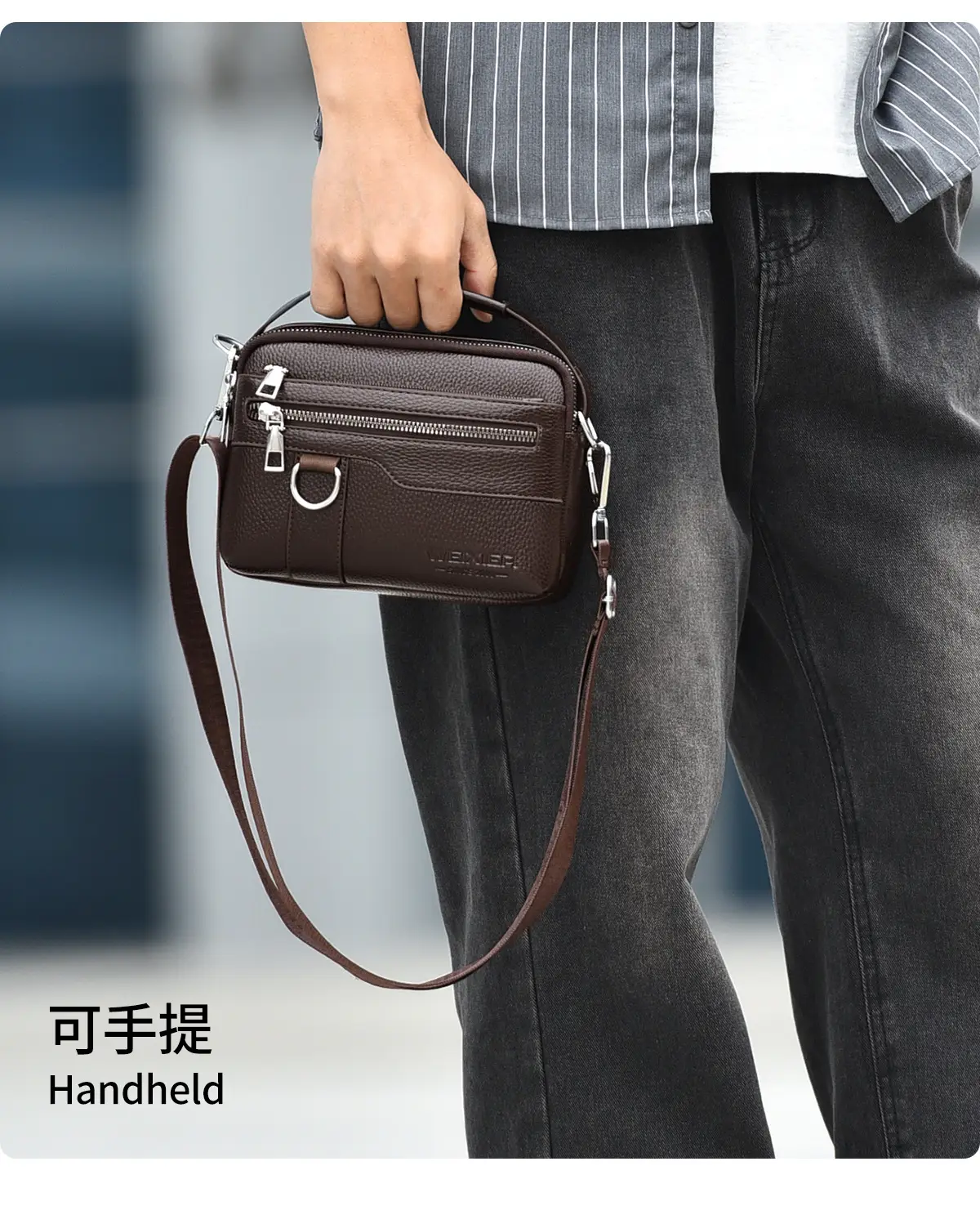 Men's Brown Crossbody Bag with Zip & Strap — feature 8
