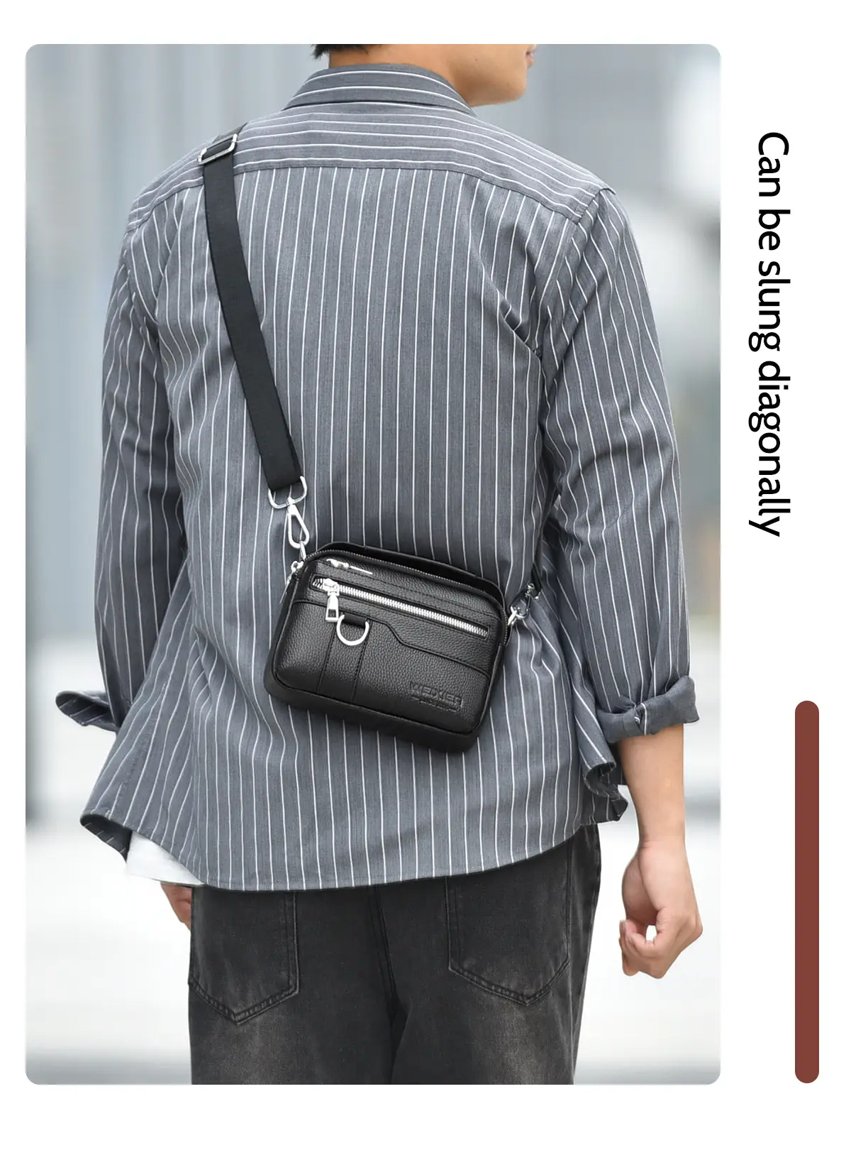 Men's Brown Crossbody Bag with Zip & Strap — feature 9