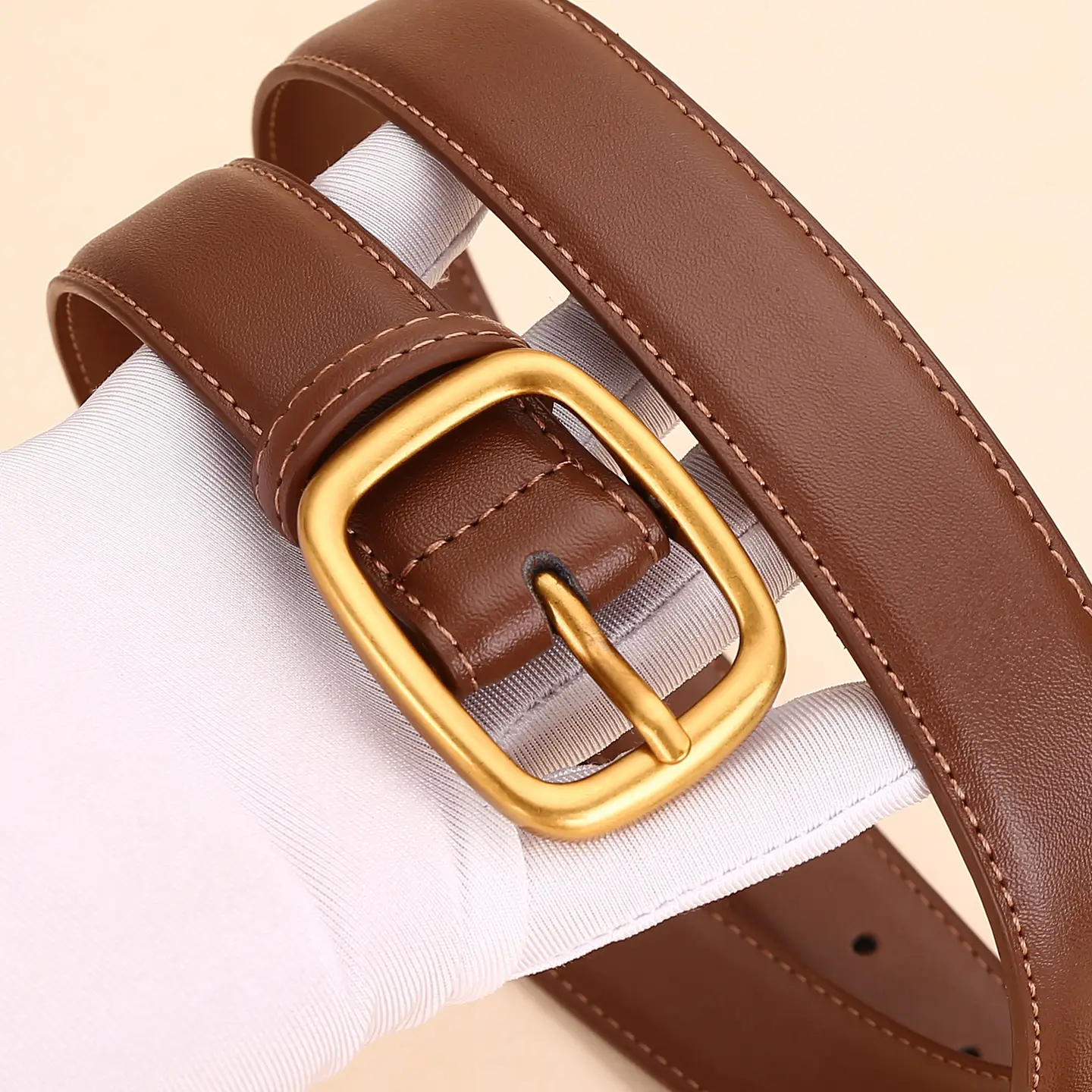 Women's Brown Leather Belt with Gold Buckle - Image 12