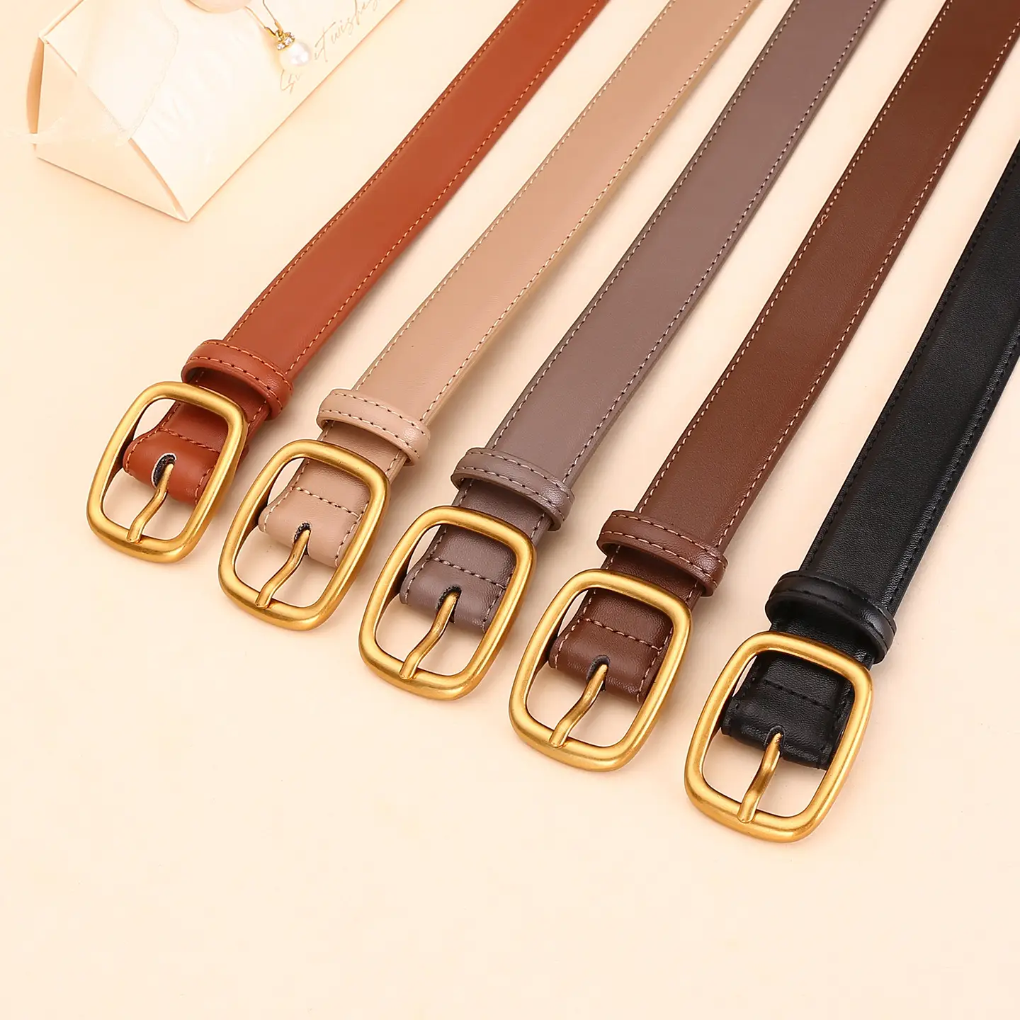 Women's Brown Leather Belt with Gold Buckle - Image 14