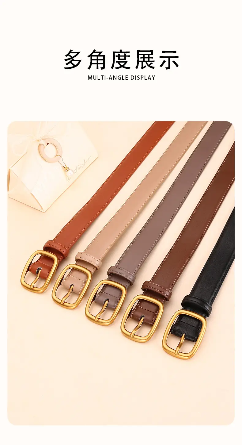 Women's Brown Leather Belt with Gold Buckle — feature 14