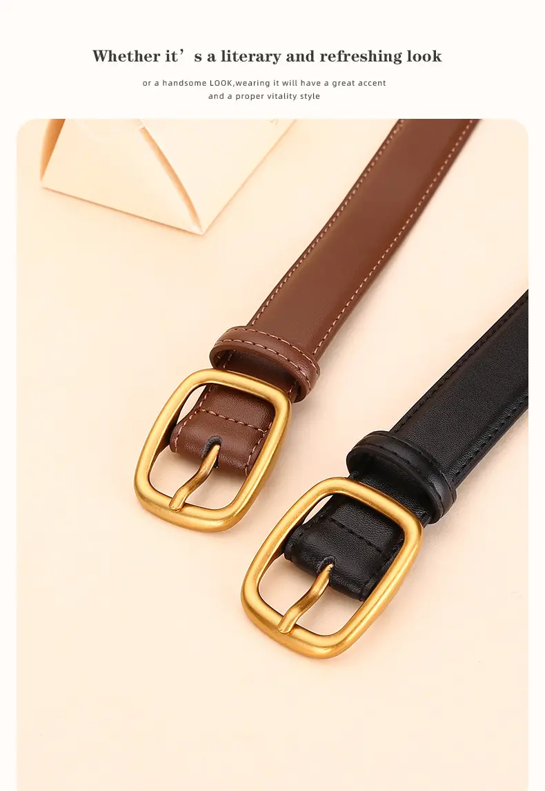 Women's Brown Leather Belt with Gold Buckle — feature 19