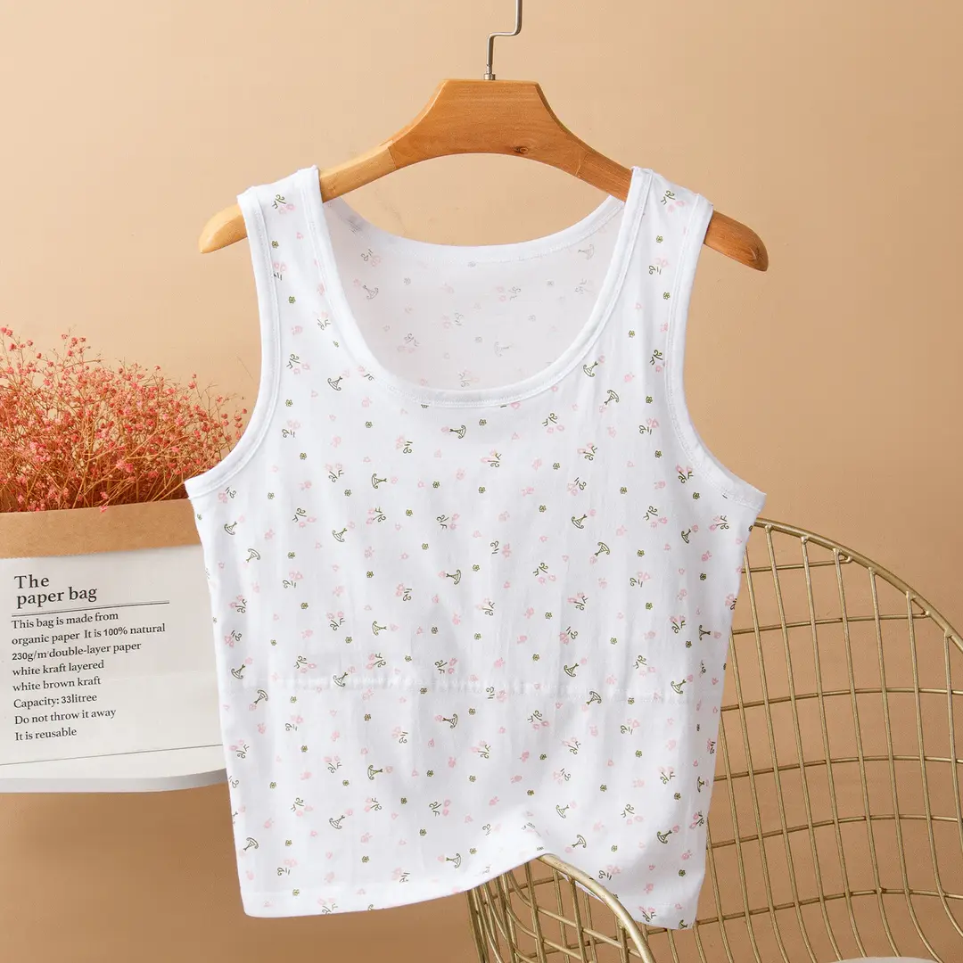 Elderly Women's Pure Cotton Vest, Anti-Bump, Large Size, with Breast Pads, Bra-Free, Mother and Grandma's Bottoming Shirt, Can Be Worn Outside in Summer