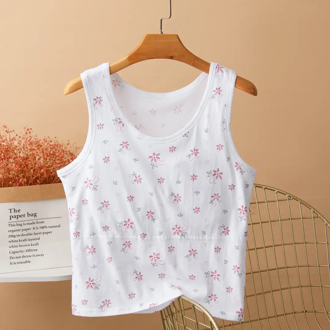 Elderly Women's Pure Cotton Vest, Anti-Bump, Large Size, with Breast Pads, Bra-Free, Mother and Grandma's Bottoming Shirt, Can Be Worn Outside in Summer