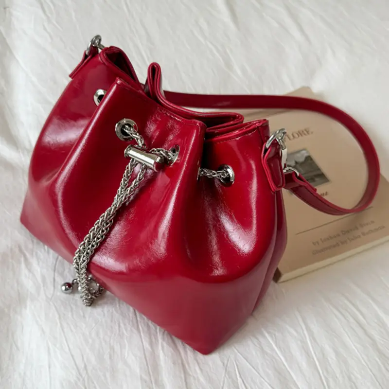 Red Chain Bucket Bag for Women