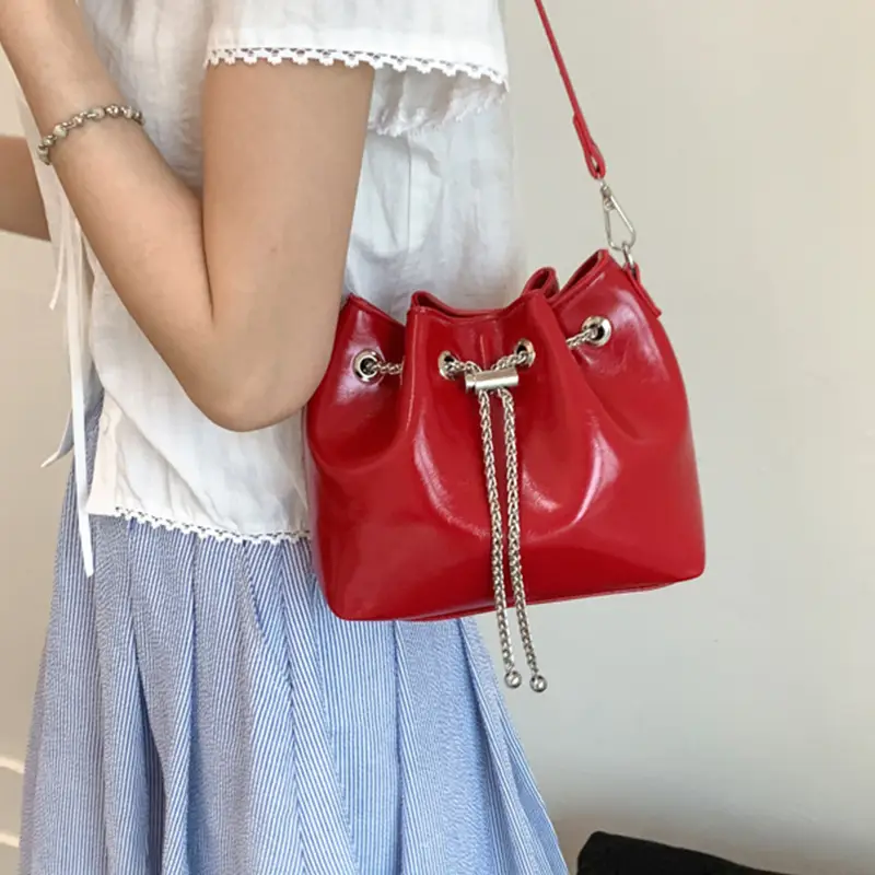 Red Chain Bucket Bag for Women