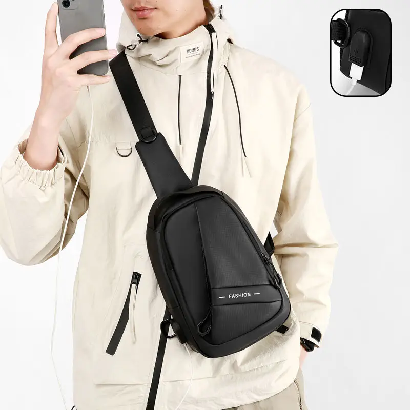 Men Grey Leather Crossbody Bag Travel Commute Luggage