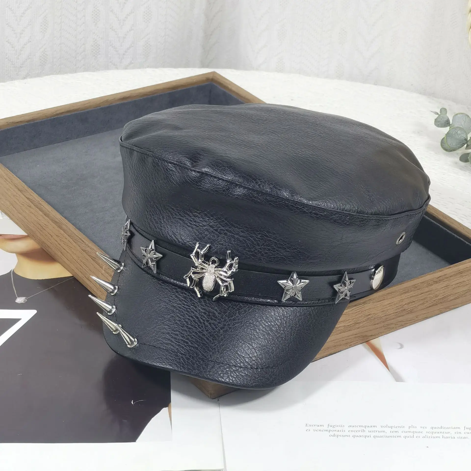Women's Black Leather Skull Hat with Wide Brim - Image 8