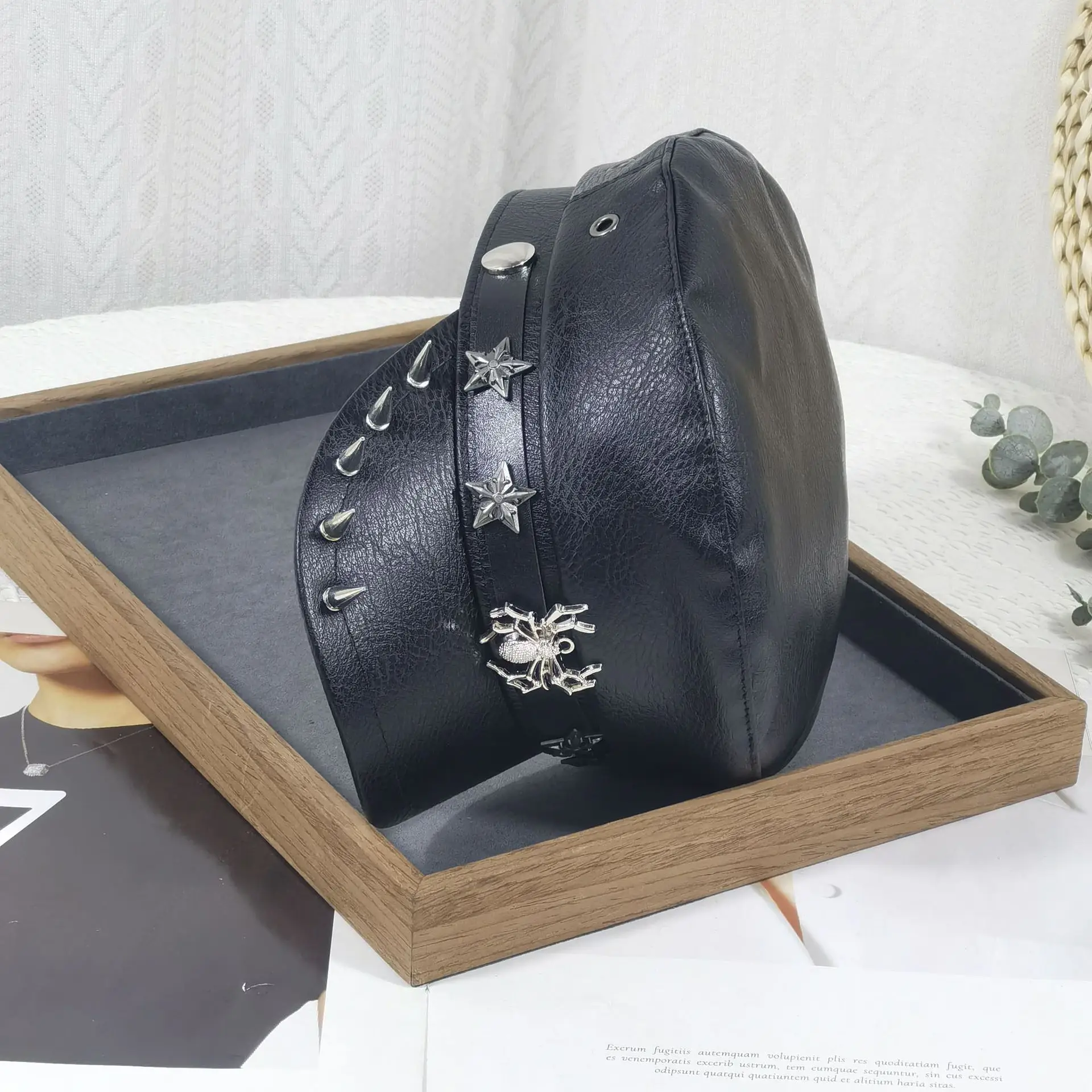 Women's Black Leather Skull Hat with Wide Brim - Image 9