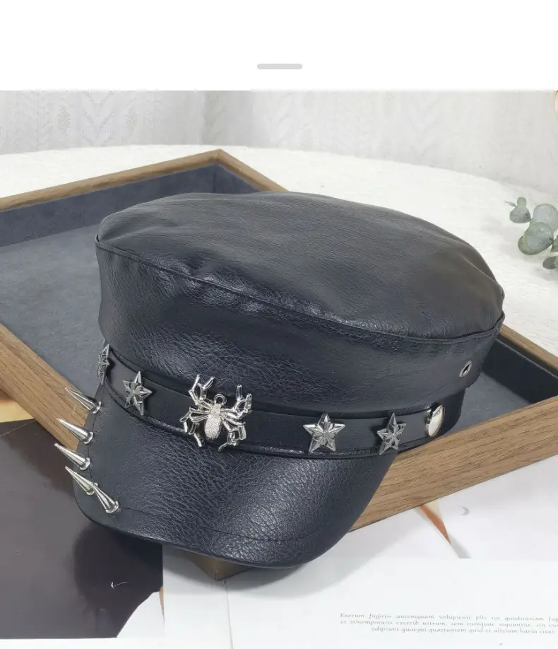 Women's Black Leather Skull Hat with Wide Brim — feature 10
