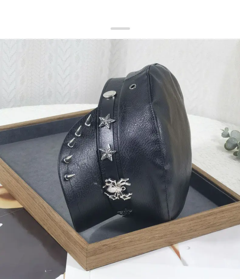 Women's Black Leather Skull Hat with Wide Brim — feature 11