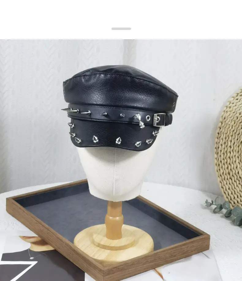 Women's Black Leather Skull Hat with Wide Brim — feature 12