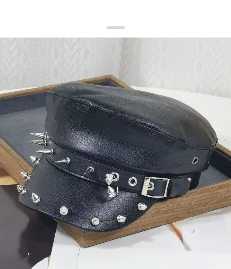 Women's Black Leather Skull Hat with Wide Brim — feature 13