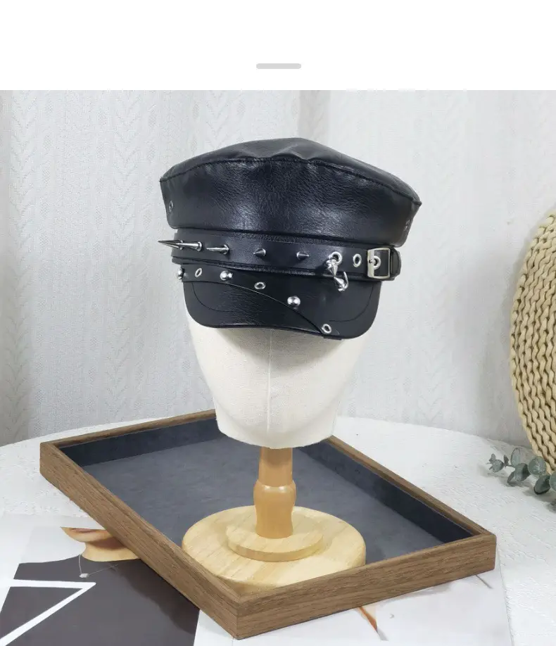 Women's Black Leather Skull Hat with Wide Brim — feature 15