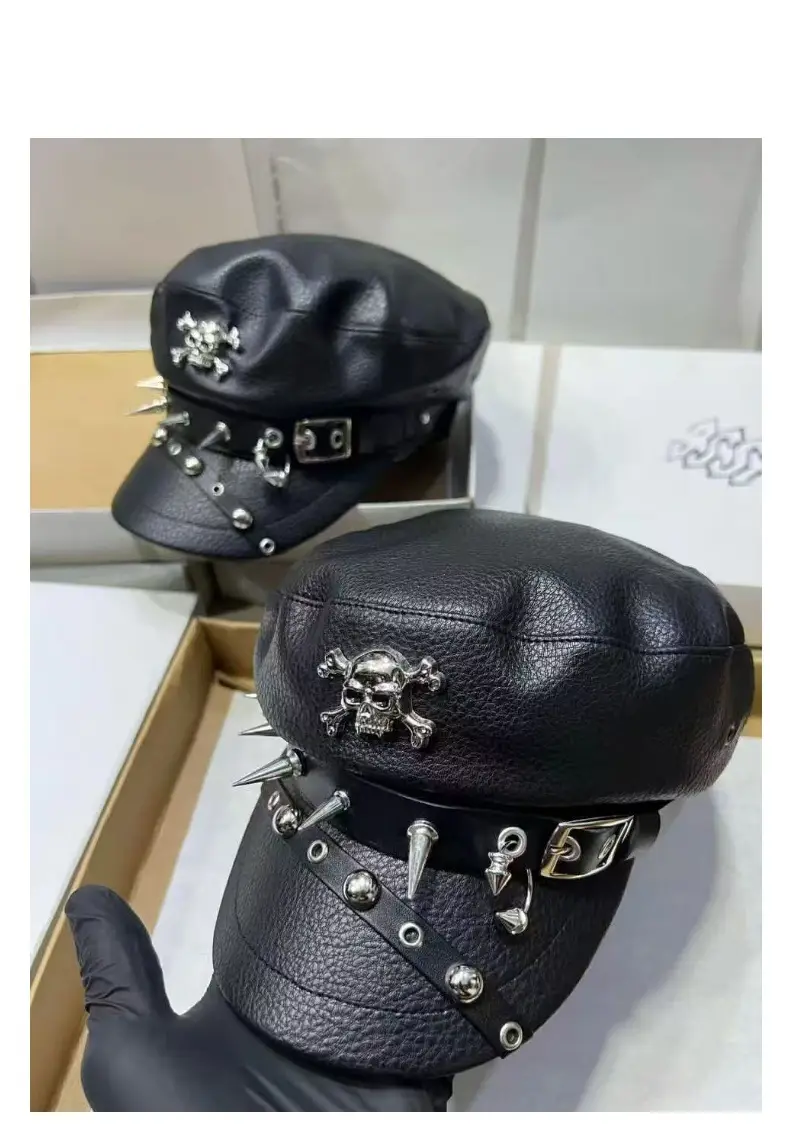 Women's Black Leather Skull Hat with Wide Brim — feature 16