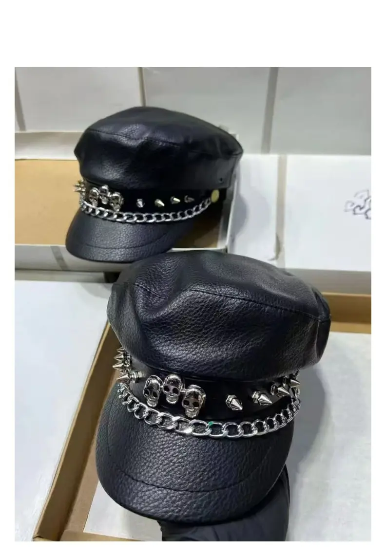 Women's Black Leather Skull Hat with Wide Brim — feature 17