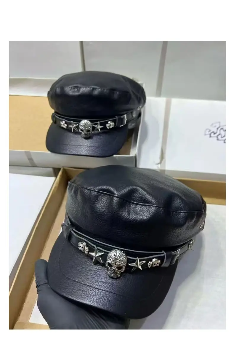 Women's Black Leather Skull Hat with Wide Brim — feature 18
