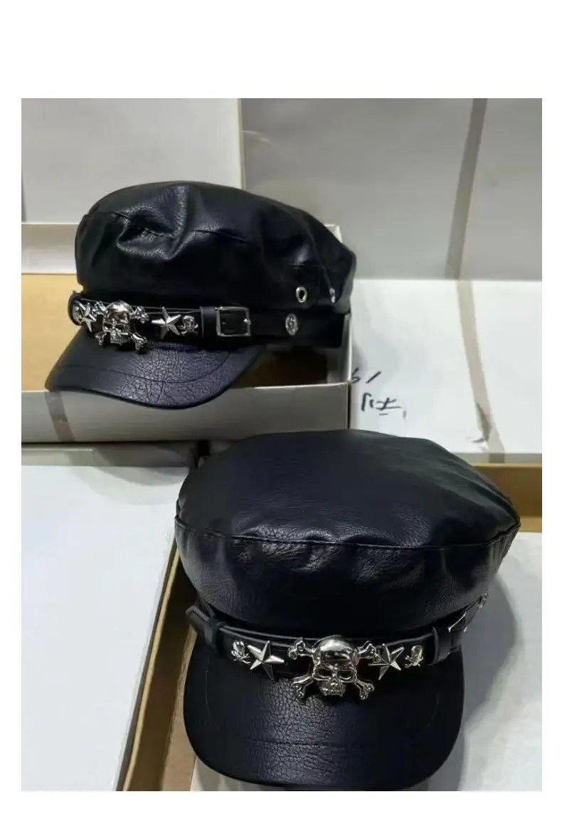 Women's Black Leather Skull Hat with Wide Brim — feature 19