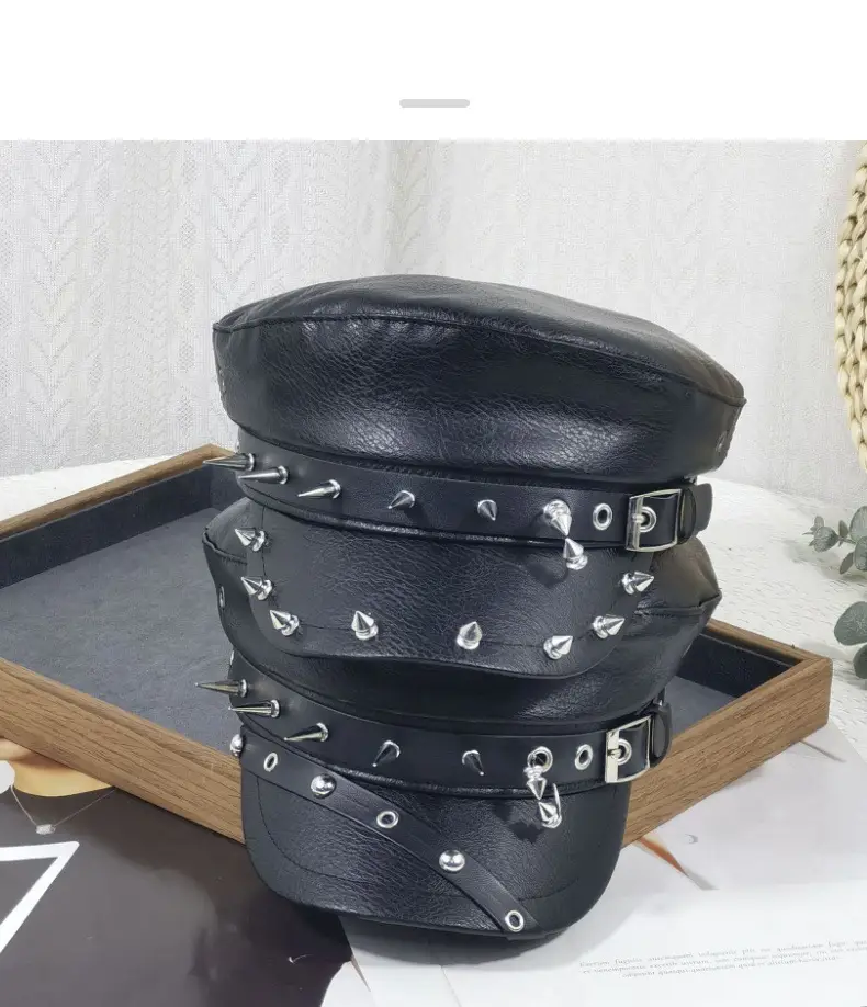 Women's Black Leather Skull Hat with Wide Brim — feature 6
