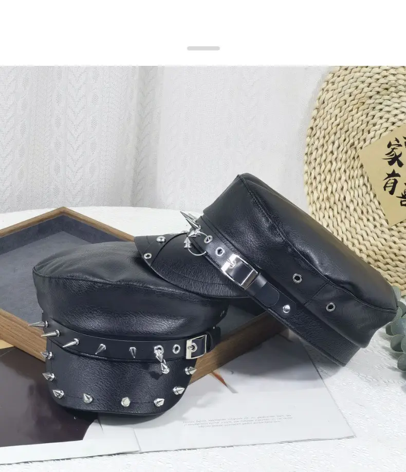 Women's Black Leather Skull Hat with Wide Brim — feature 7