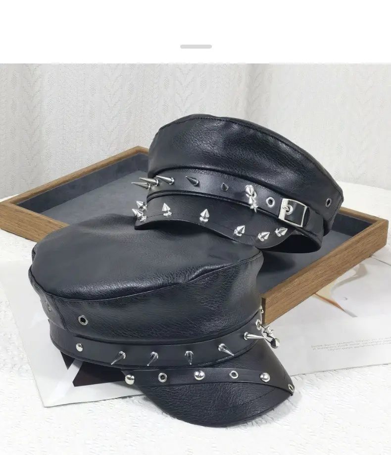 Women's Black Leather Skull Hat with Wide Brim — feature 8