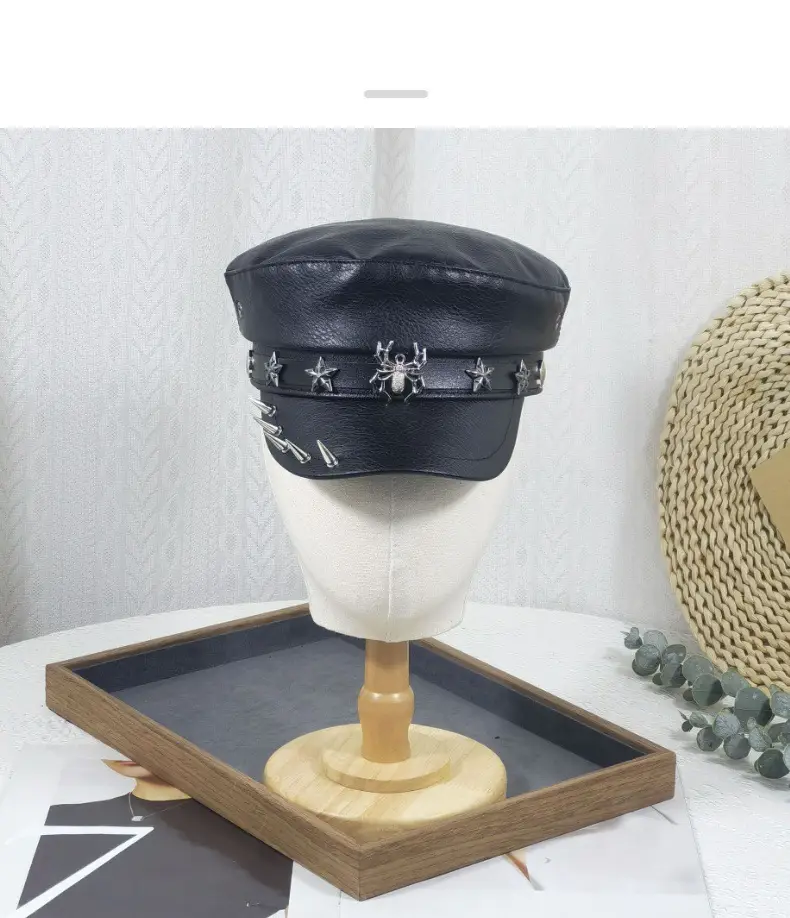 Women's Black Leather Skull Hat with Wide Brim — feature 9
