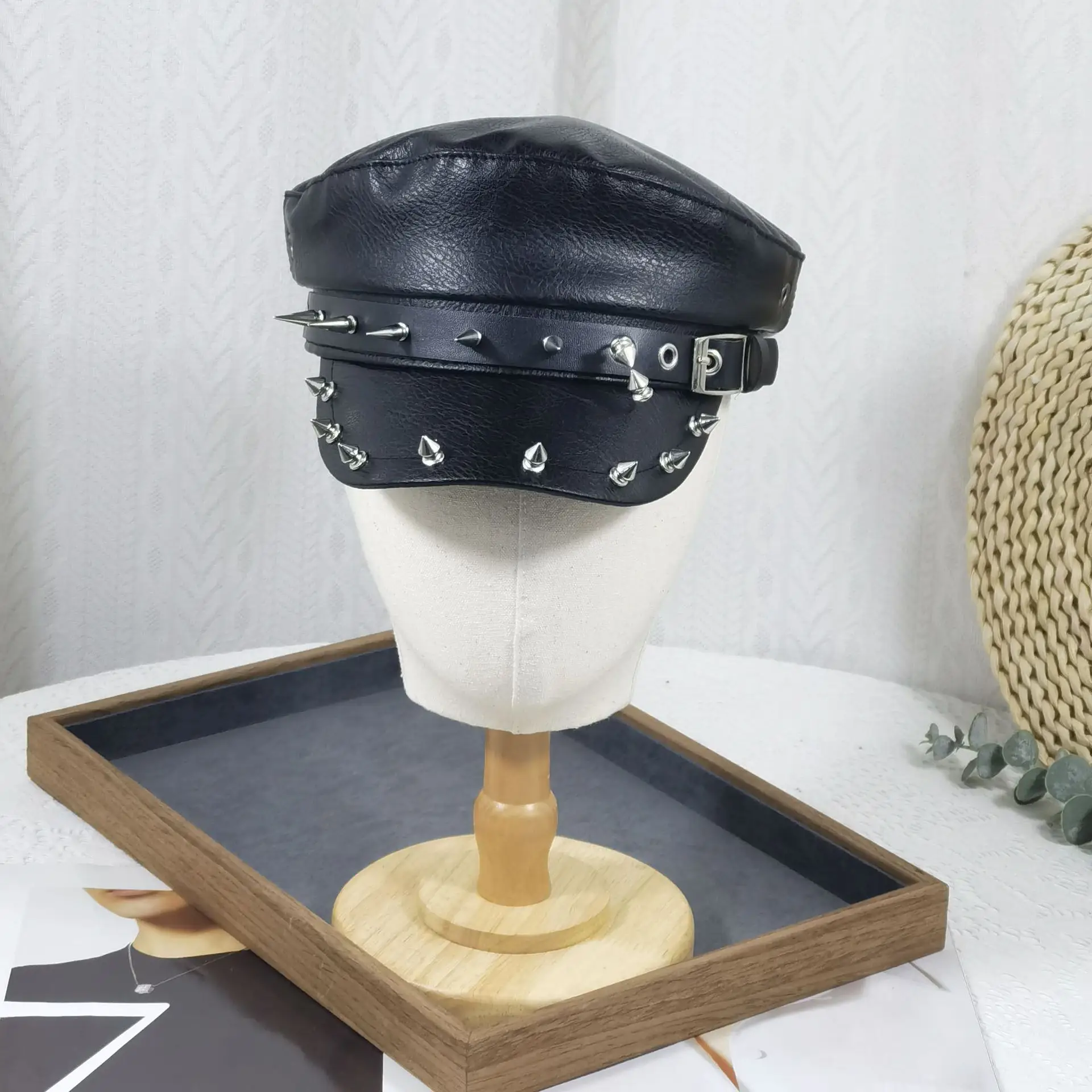 Women's Black Leather Skull Hat with Wide Brim - Image 2