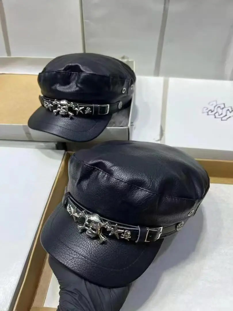 Women's Black Leather Skull Hat with Wide Brim - Image 4