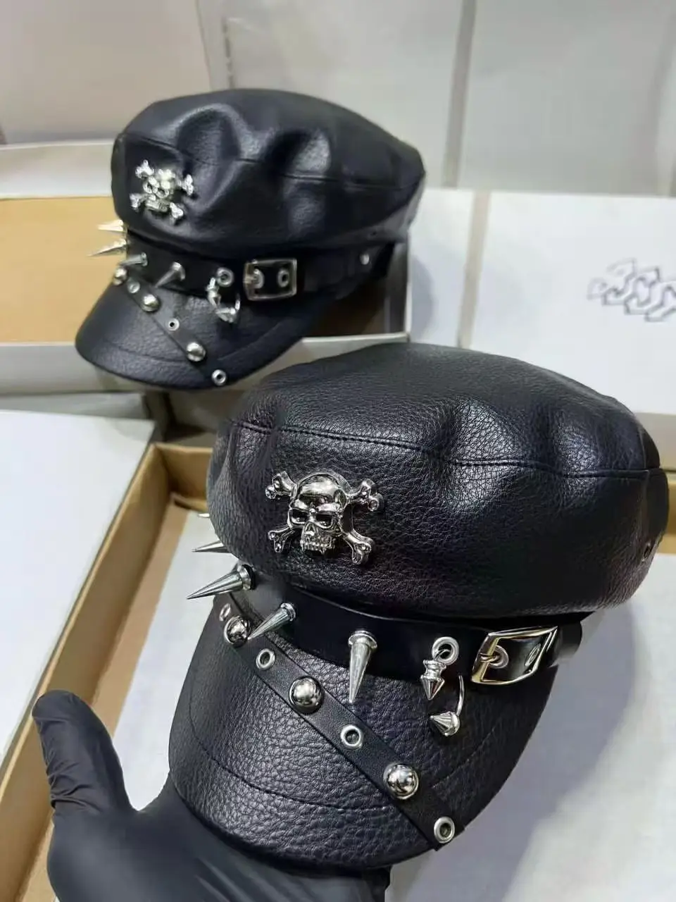 Women's Black Leather Skull Hat with Wide Brim - Image 5