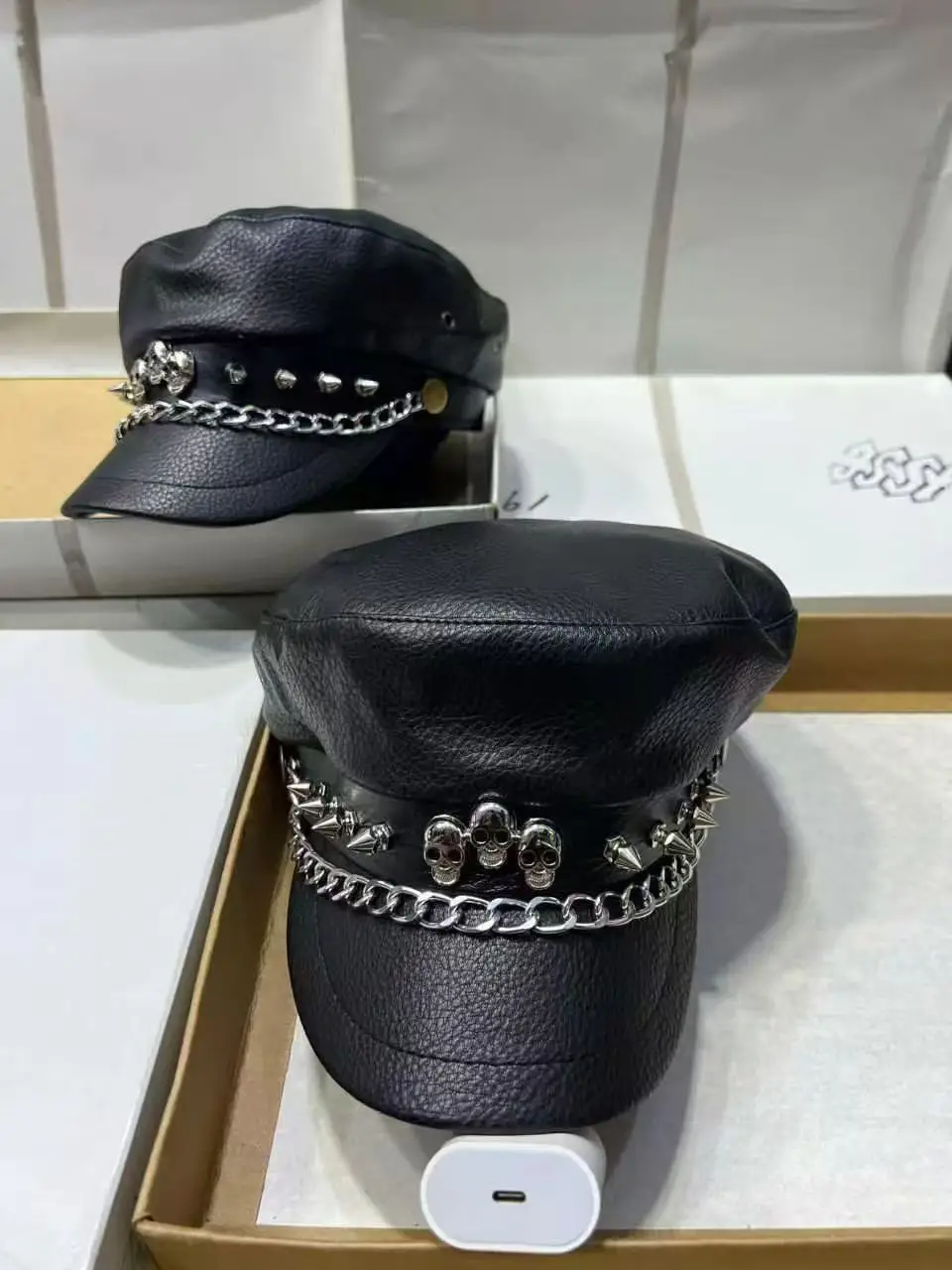 Women's Black Leather Skull Hat with Wide Brim - Image 6