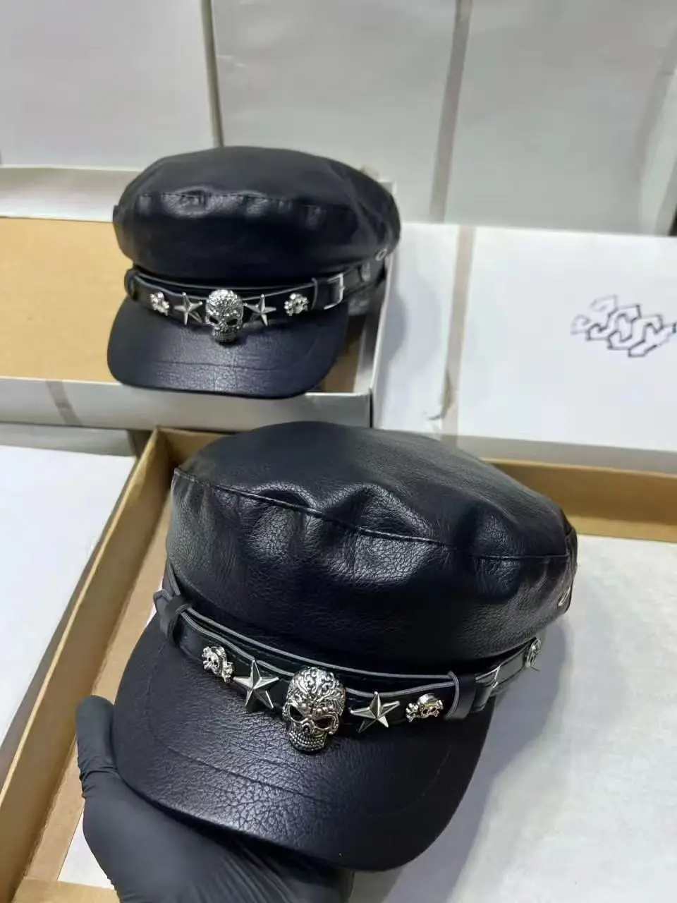 Women's Black Leather Skull Hat with Wide Brim - Image 7