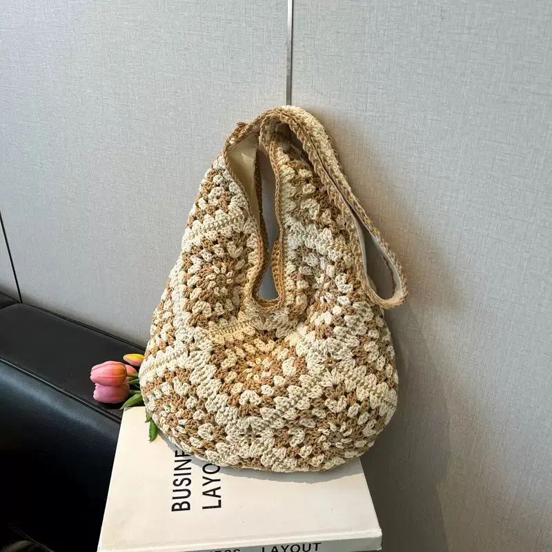 Black & White Handwoven Straw Crossbody Bag for Women - Image 5
