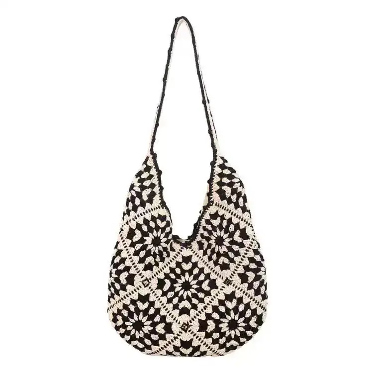 Black & White Handwoven Straw Crossbody Bag for Women - Image 7