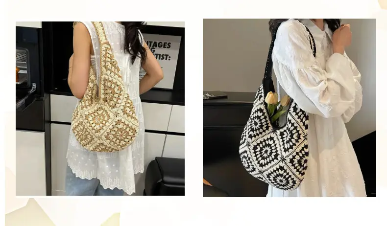 Black & White Handwoven Straw Crossbody Bag for Women — feature 6