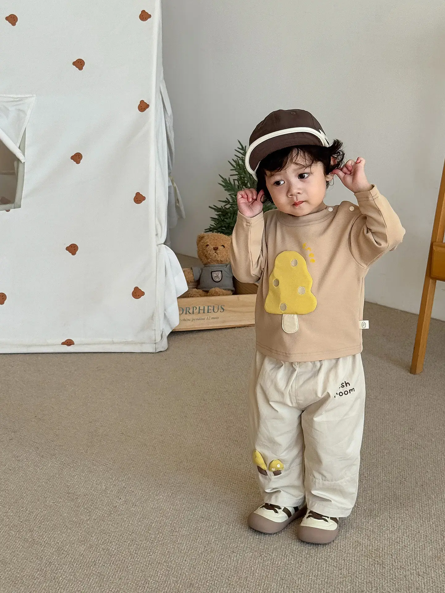 Children's Mushroom Patchwork T-Shirt Small Beige - Image 9