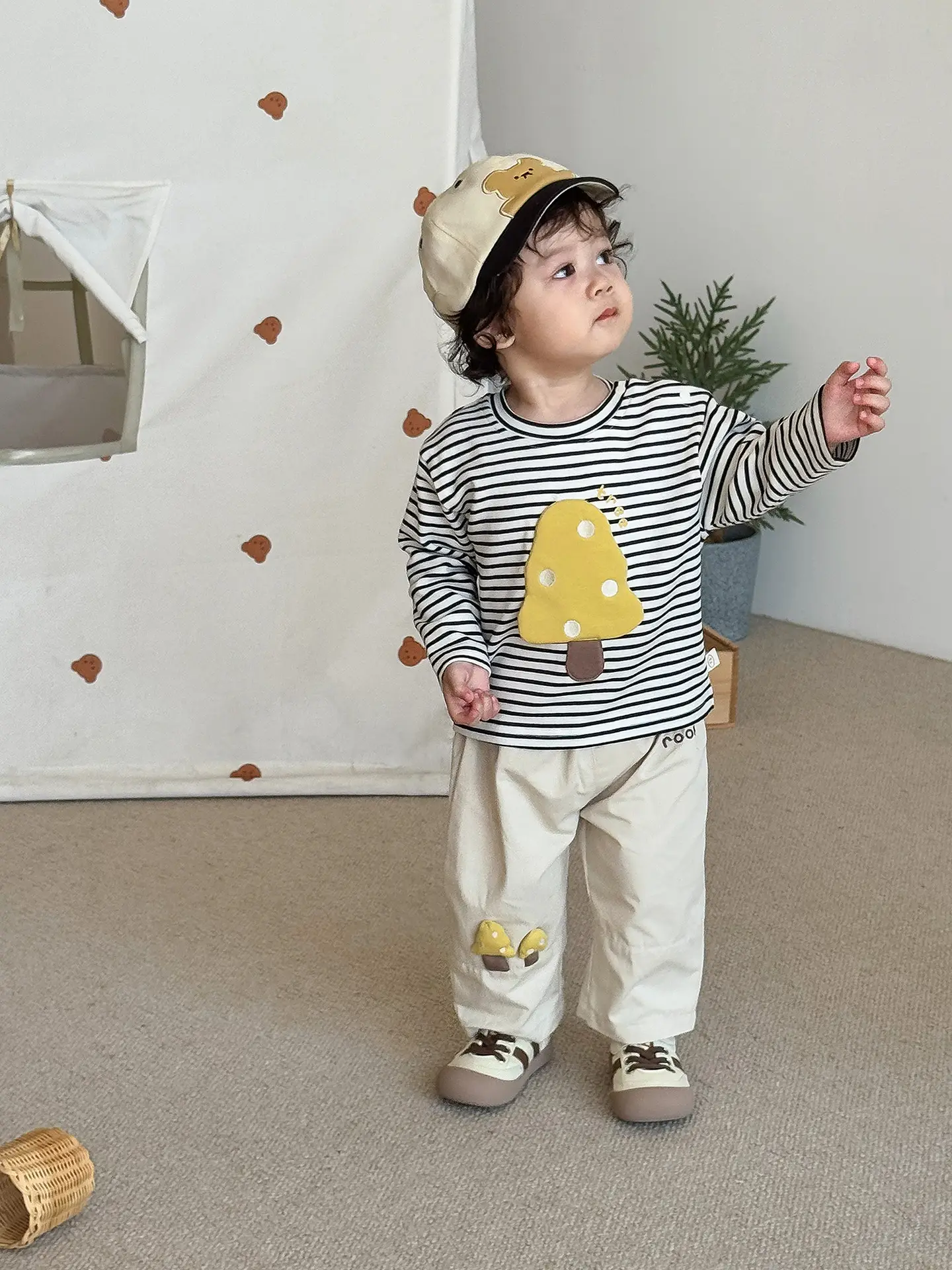 Children's Mushroom Patchwork T-Shirt Small Beige - Image 12