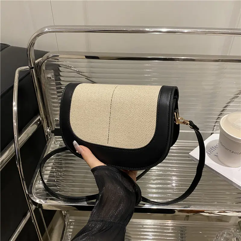 Women's Black Beige Crossbody Bag with Adjustable Strap
