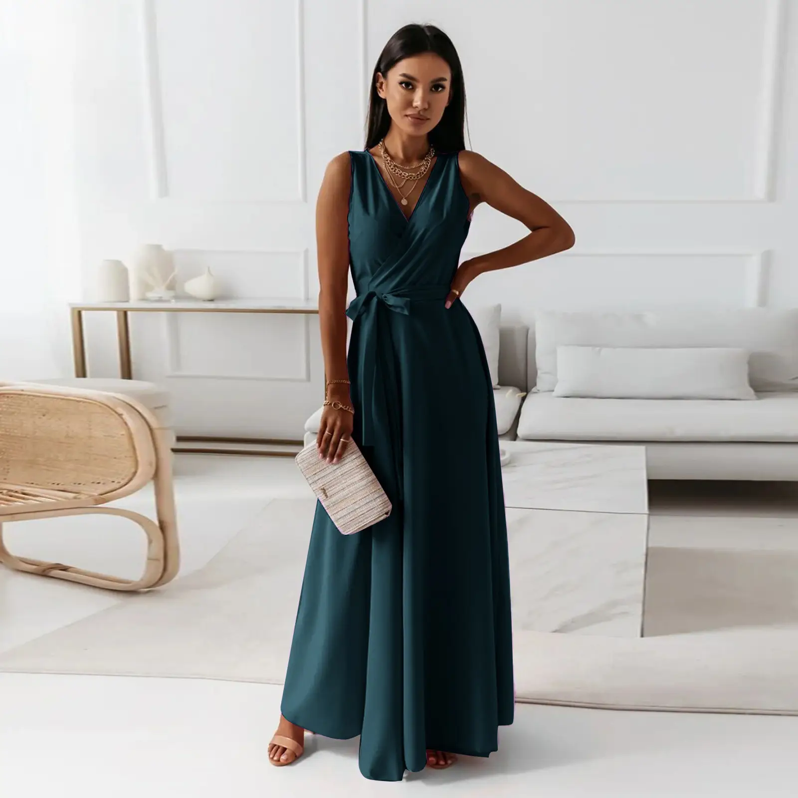 Women Long Skirt Dress Maroon Belted Solid Color - Image 7
