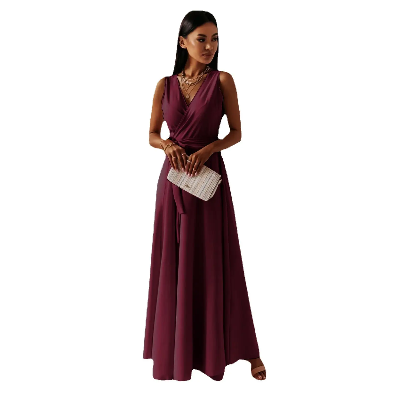 Women Long Skirt Dress Maroon Belted Solid Color - Image 11
