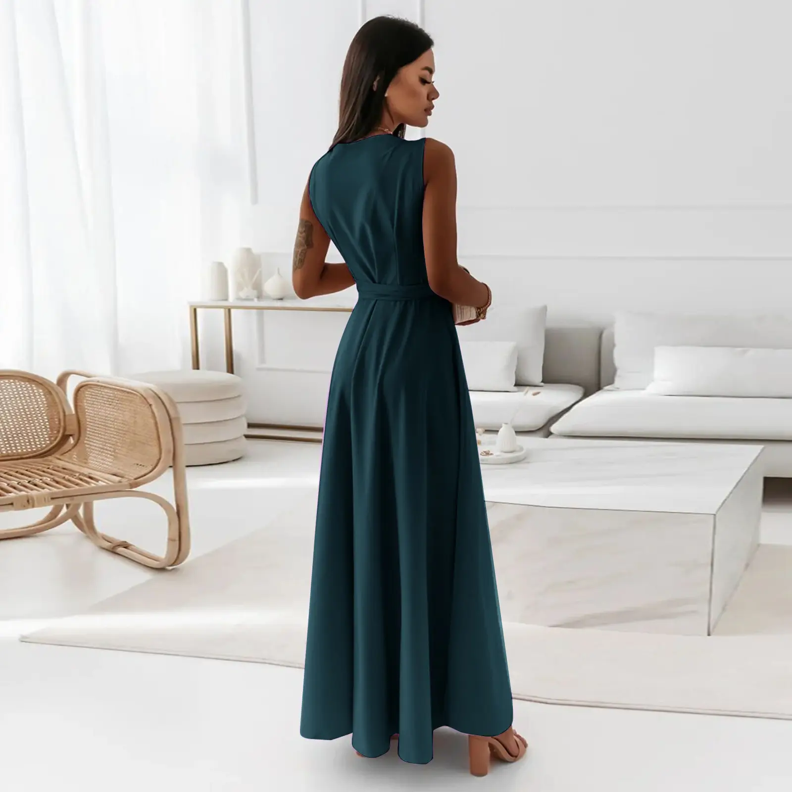 Women Long Skirt Dress Maroon Belted Solid Color — feature 11