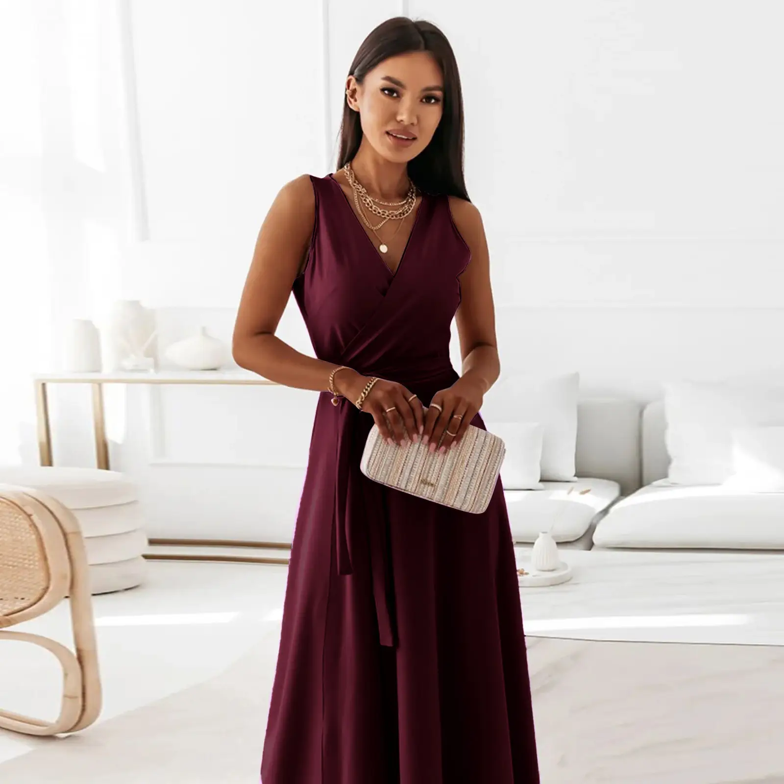 Women Long Skirt Dress Maroon Belted Solid Color — feature 12