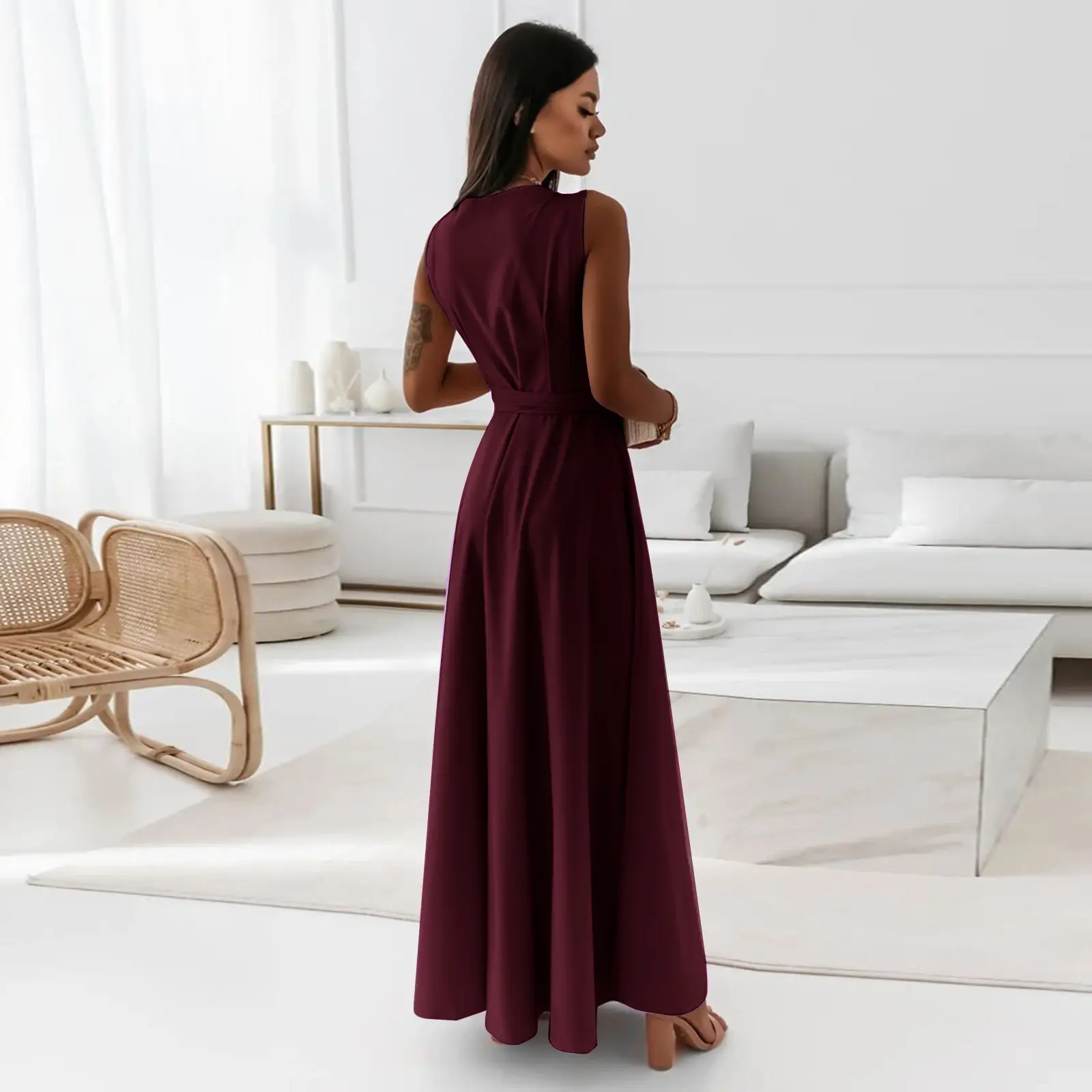 Women Long Skirt Dress Maroon Belted Solid Color — feature 15