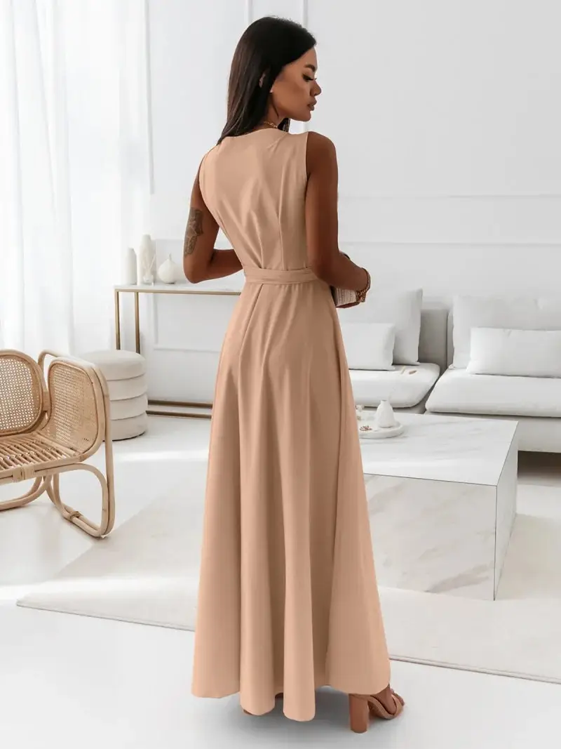 Women Long Skirt Dress Maroon Belted Solid Color — feature 16