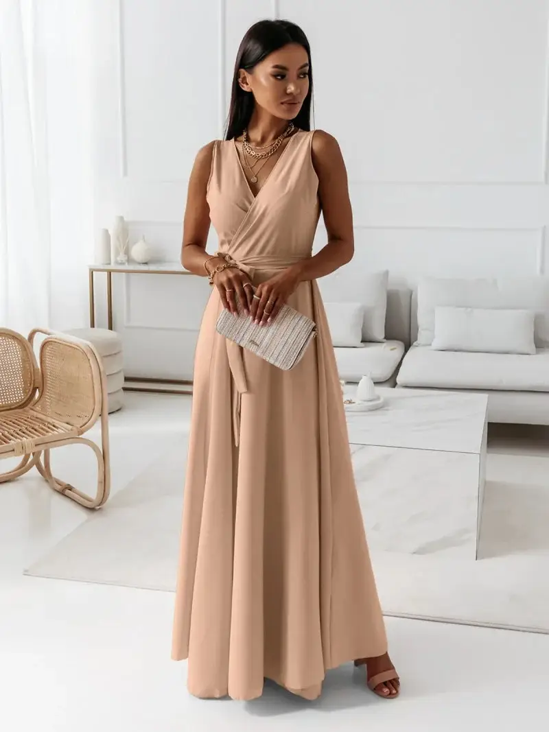 Women Long Skirt Dress Maroon Belted Solid Color — feature 17