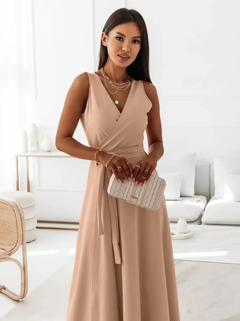 Women Long Skirt Dress Maroon Belted Solid Color — feature 18