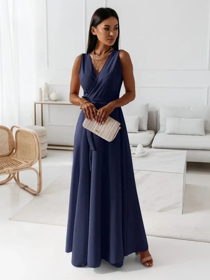 Women Long Skirt Dress Maroon Belted Solid Color — feature 20