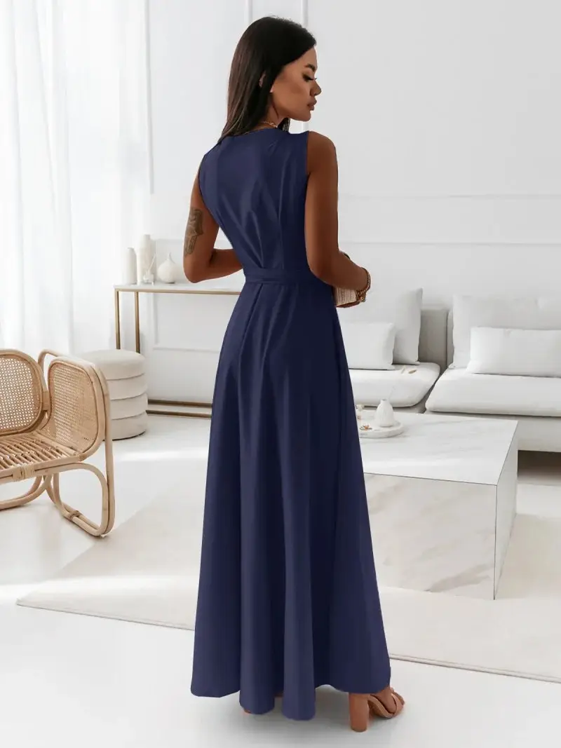 Women Long Skirt Dress Maroon Belted Solid Color — feature 23